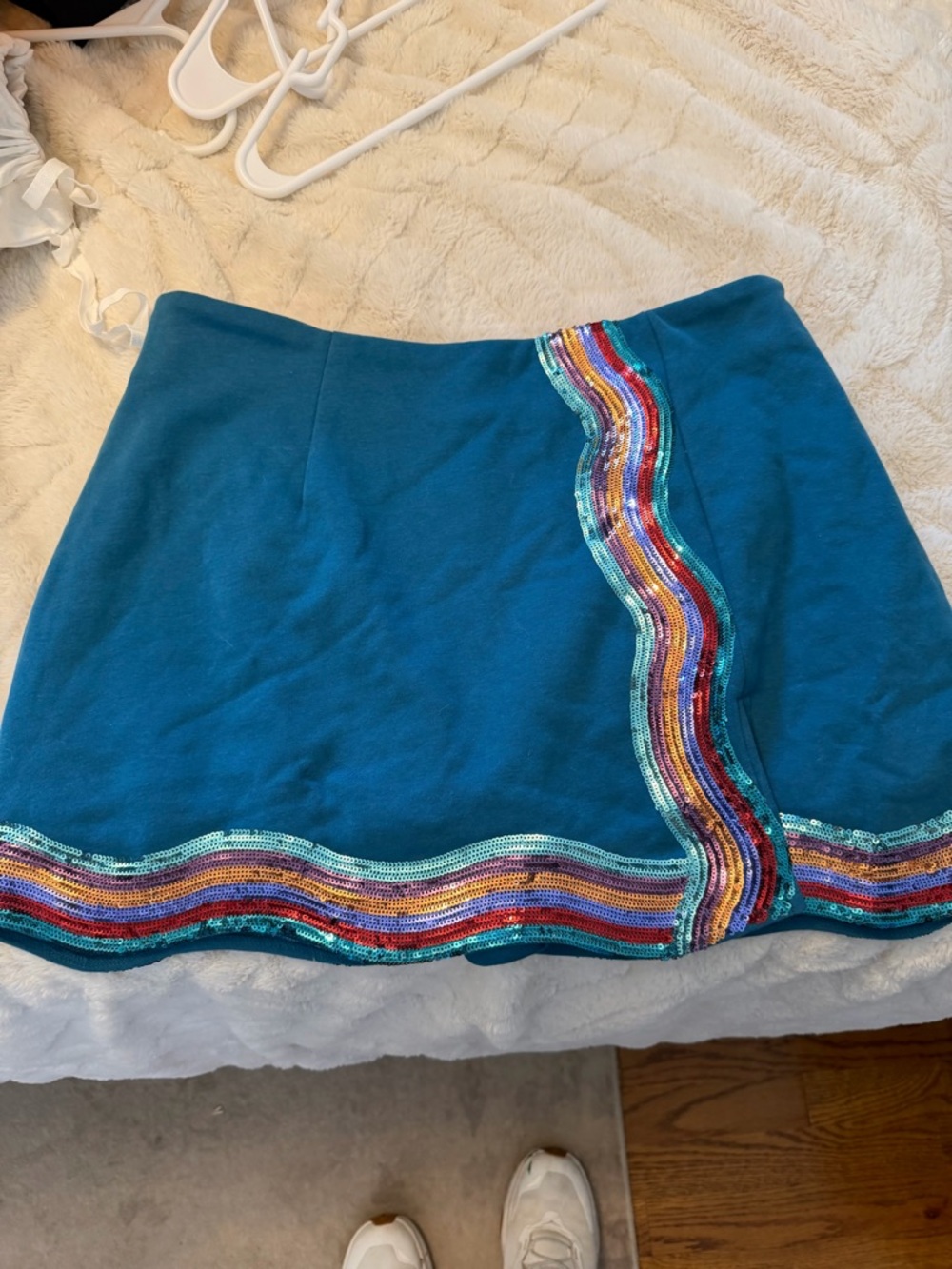 QUEEN OF SPARKLES Teal Mini Skort with Multicolor Sequin Wave